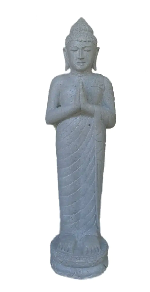  Product image 1 of the product “Standing Indian Buddha - gesture of greeting Namaste, in the sizes from 120 to 180cm. Regular cape, Natural finish ”